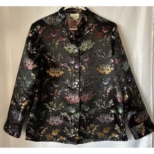 Vtg‎ Yi Lin Women's Brocade Floral Blouse Sm Mandarin Collar Button Up Oriental